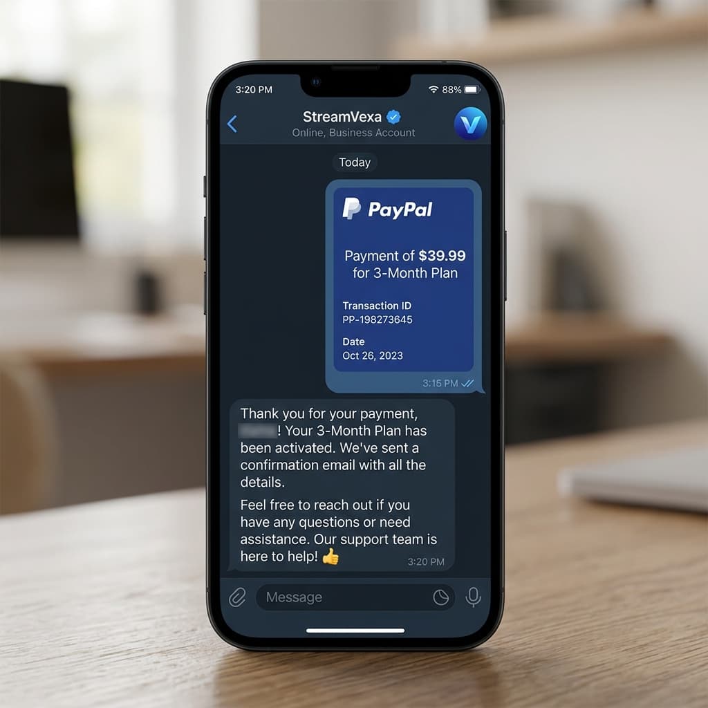Chat on Telegram - Buy IPTV Online in Minutes Premium Activation - Step 2: Chat on Telegram | StreamVexa Setup